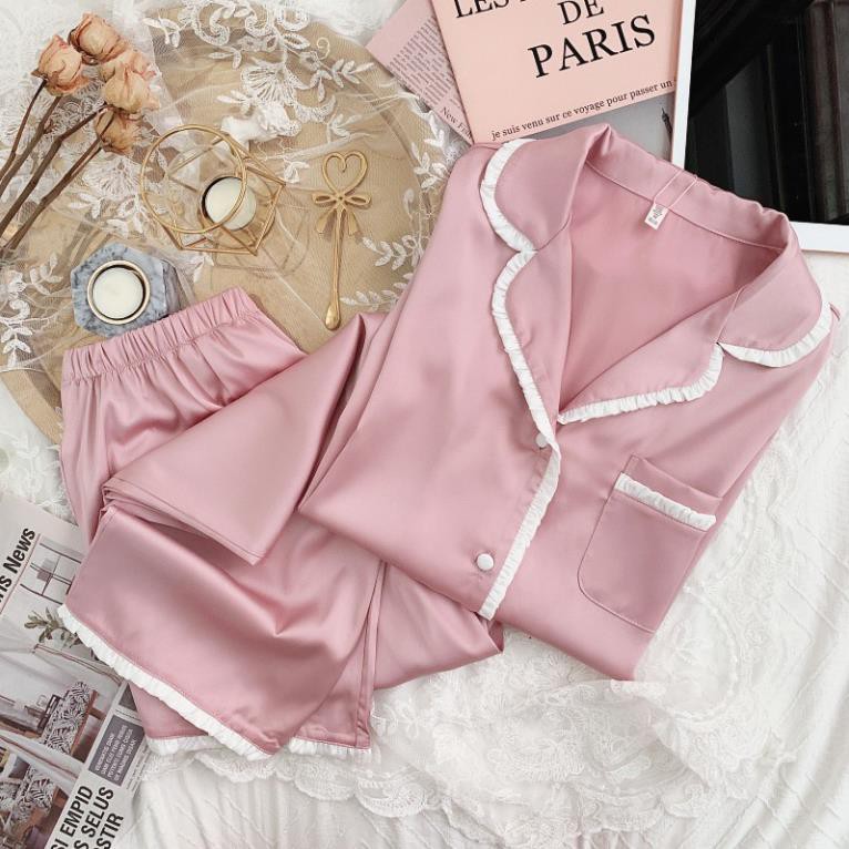 ✨SẴN XANH DƯƠNG✨ PIJAMA LỤA CÁT DÀI TAY CAO CẤP VIỀN BÈO NHÚN PJ04 MỀM MƯỢT SIÊU XINH  ྆ ྇ ྇