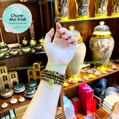 Chuỗi Trầm Hương Tốc 108 hạt 6mm phối Hoa Sen, Búp Sen mạ điện và Cỏ 4 Lá Lông Chim - Vòng Tay Gỗ tự nhiên Nữ phong thuỷ