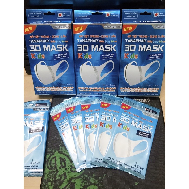 Hộp 10 chiếc Khẩu trang y tế 3D Mask Tanaphar, size người lớn và trẻ em - Túi 1 tiệt trùng - Chika