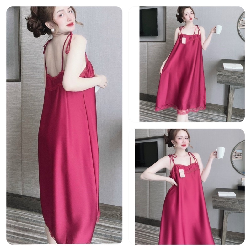 Váy Ngủ Nữ Sexy Nữ, Đầm Ngủ Nữ 2 Dây lụa Latin phối ren, Freesize 40_70kg, tuỳ chiều cao