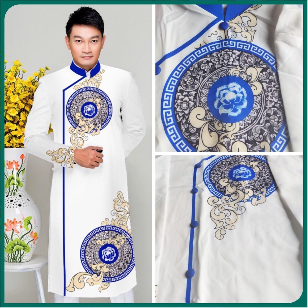 ÁO DÀI NAM CÁCH TÂN MÀU TRẮNG IN HỌA TIẾT - ADCTNIHT-TX