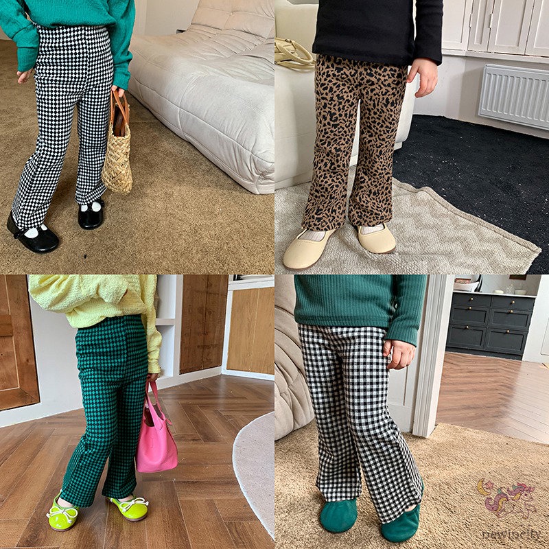 Quần Dài Ống Loe Họa Tiết Sọc Caro Phong Cách Retro Hàn Quốc Cho Bé Gái