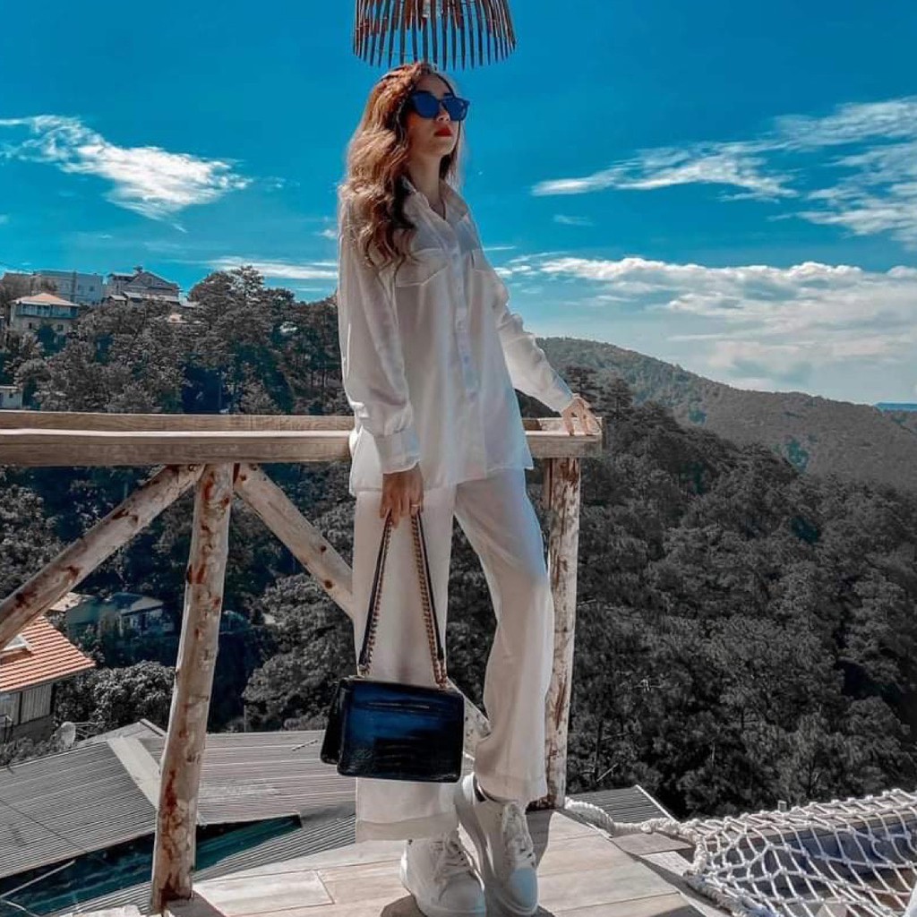 Set Áo Sơ Mi Đũi Xước Quần Ống Suông Trắng 💖FREESHIP💖 Bộ Nữ Sang Chảnh Mã OH128