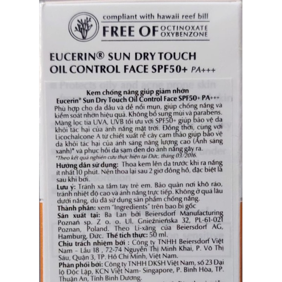 Kem chống nắng SPF50+ cho da nhờn mụn Eucerin Sun Dry Touch 50ml