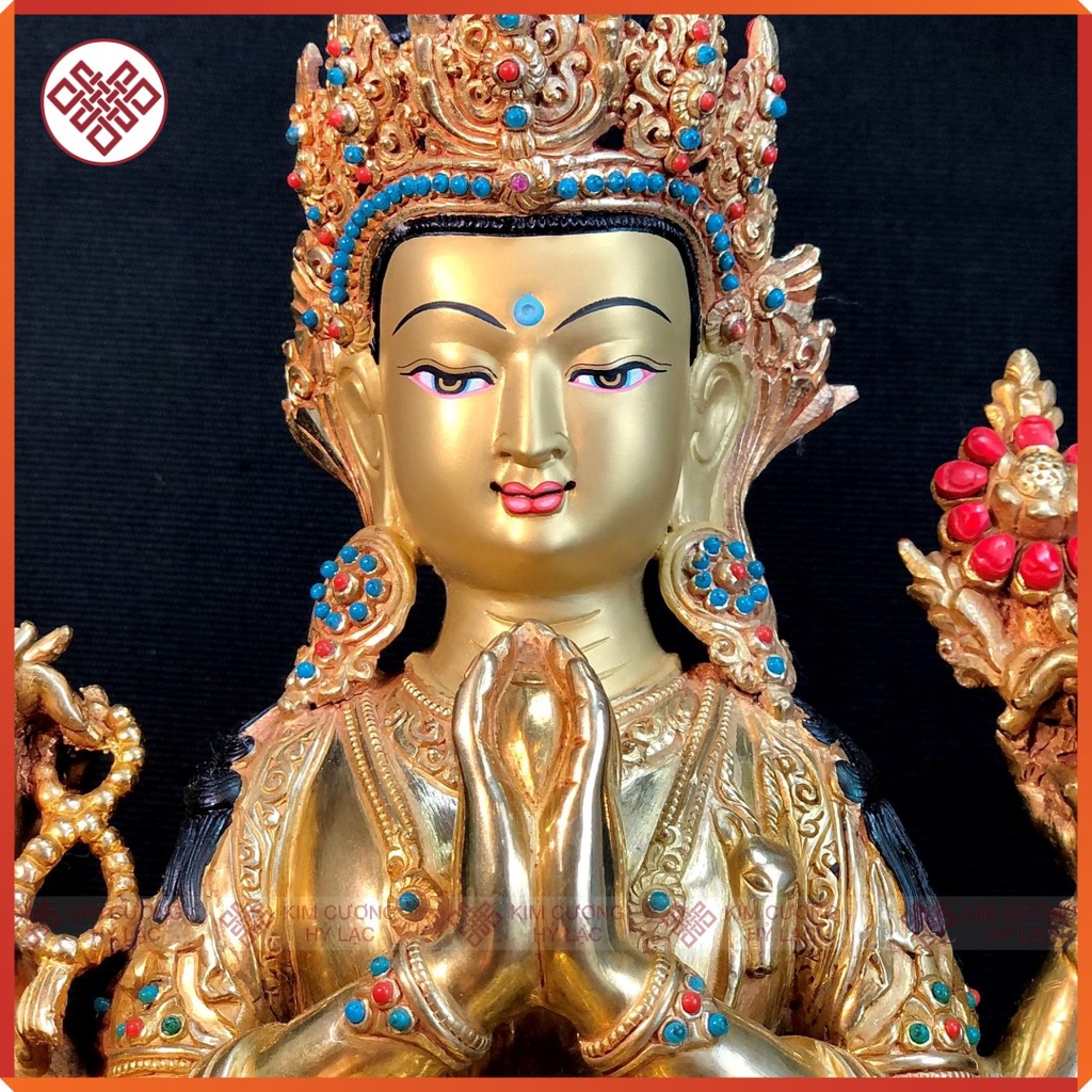 Tượng Phật Quan Âm Tứ Thủ Mật Tông [Kim Cương Hỷ Lạc] Nepal Cẩn Đá 33Cm