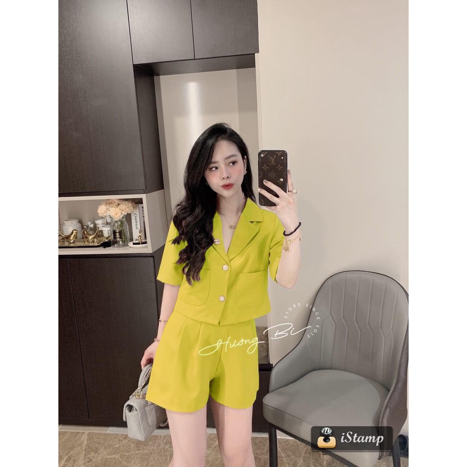 Set thô áo cổ vest tag sơ mi tay ngắn có túi form croptop + quần short lưng cao chân ống rộng ulzzang màu vàng nâu cam