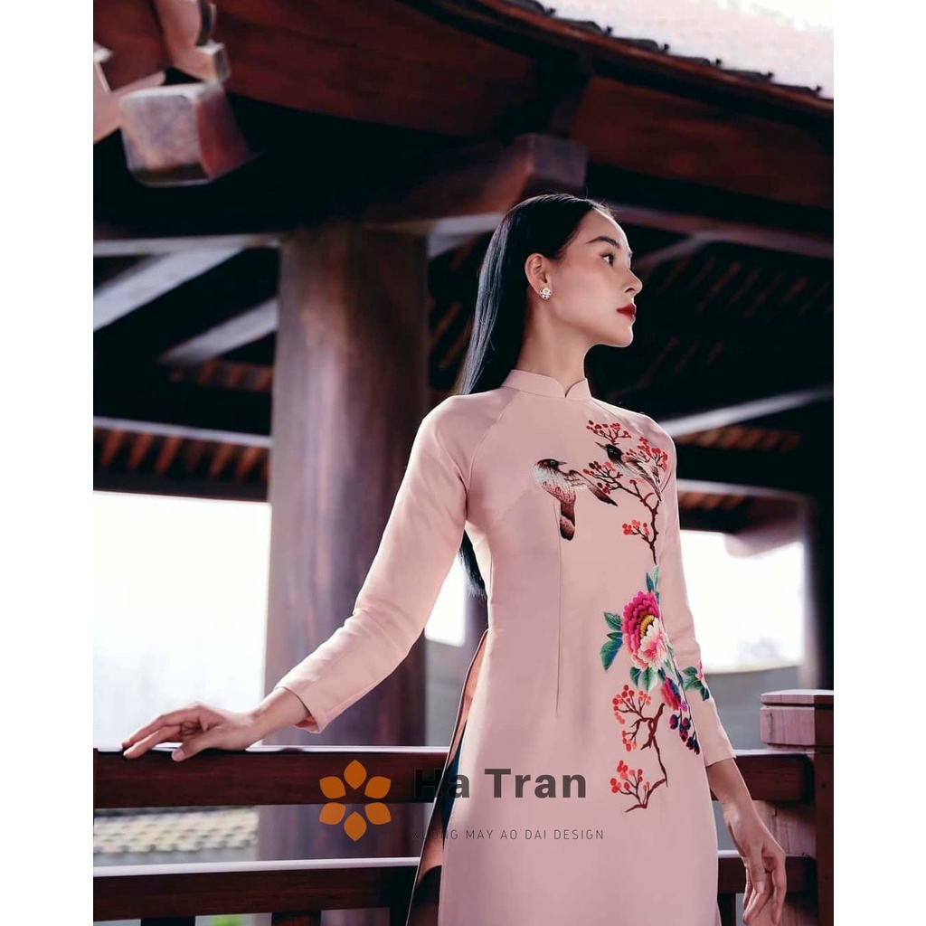 Áo dài Hồng Pastel sang chảnh chất liệu tafeta áo dài tết cho gia đình ANLAC
