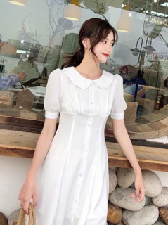 Đầm midi trắng xanh cổ sen dáng dài thanh lịch (kèm hình thật)