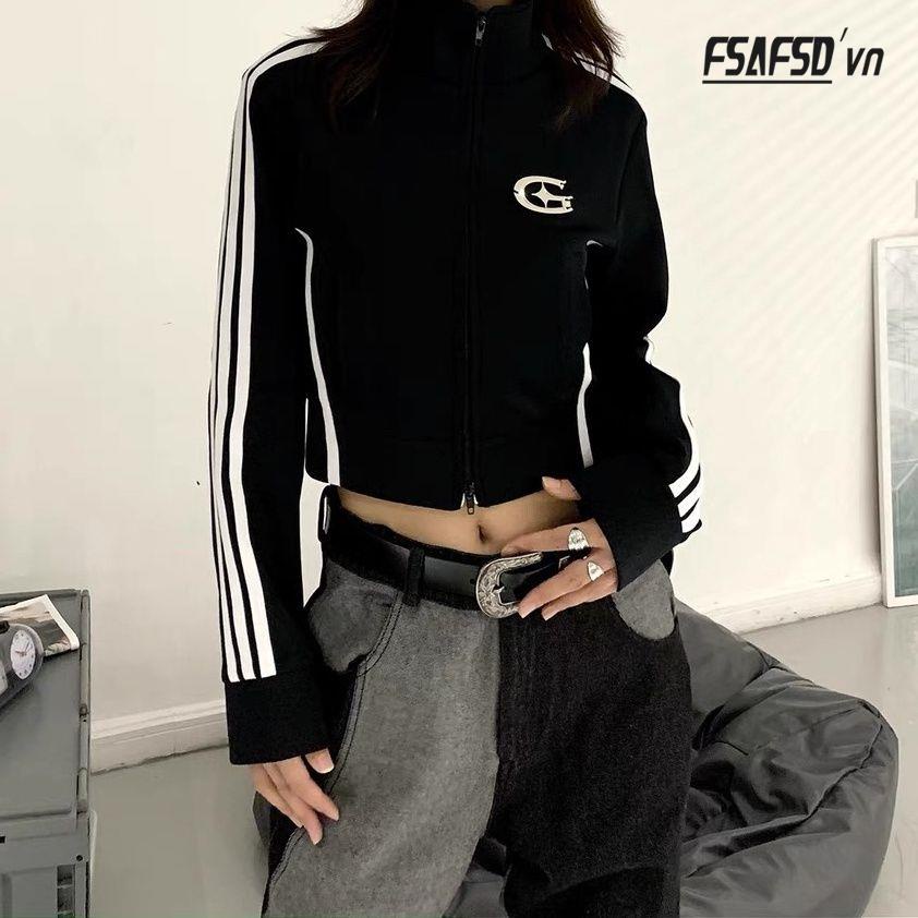 Áo Khoác Thể Thao Tay Dài Dáng Ngắn Kẻ Sọc Màu Đen Cá Tính