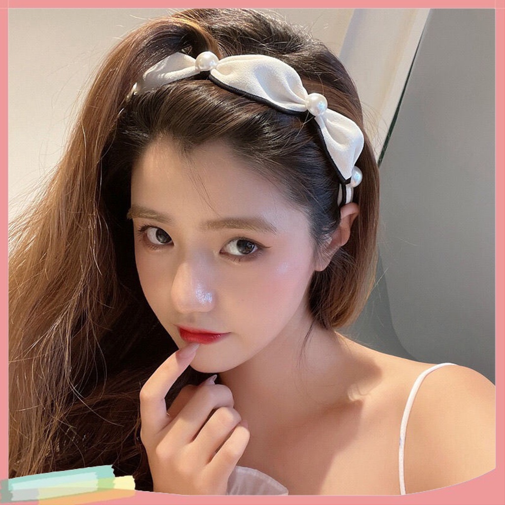 Băng Đô Cài Tóc Bản Rộng Bằng Vải Viền Rộng Đính Ngọc Trai Giả Chống Rơi Phong Cách Hàn Quốc Cho Nữ