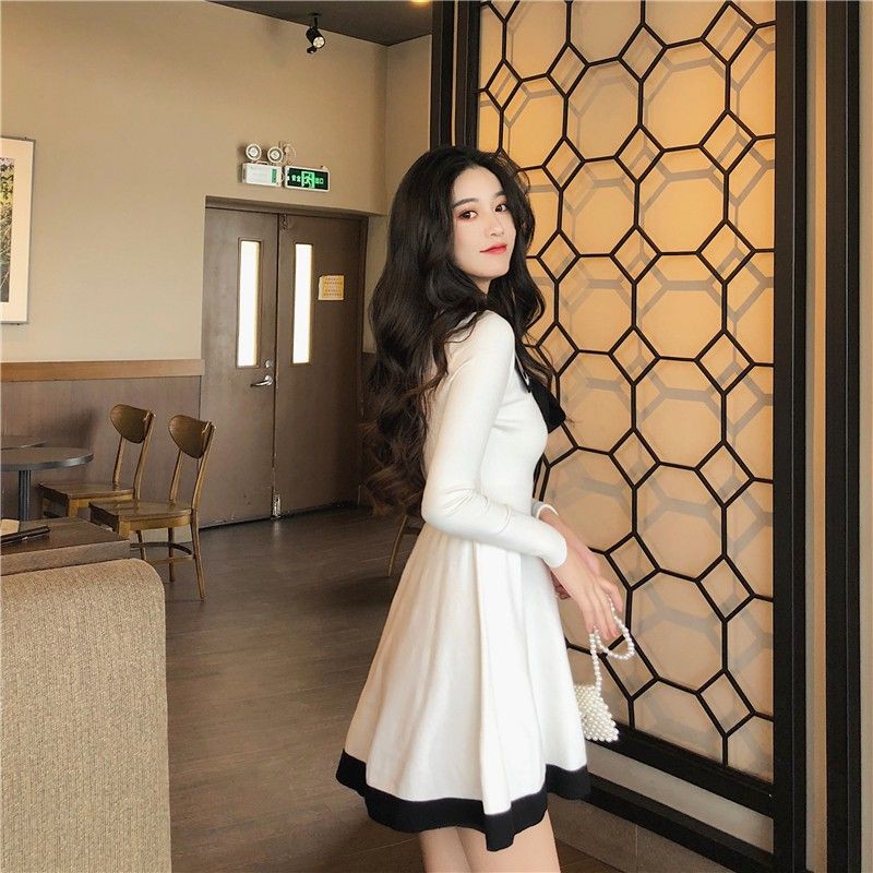 [ORDER] Đầm trang trọng tay dài cố áo búp bê ôm eo body cổ thắt nơ ulzzang ( 2 màu )