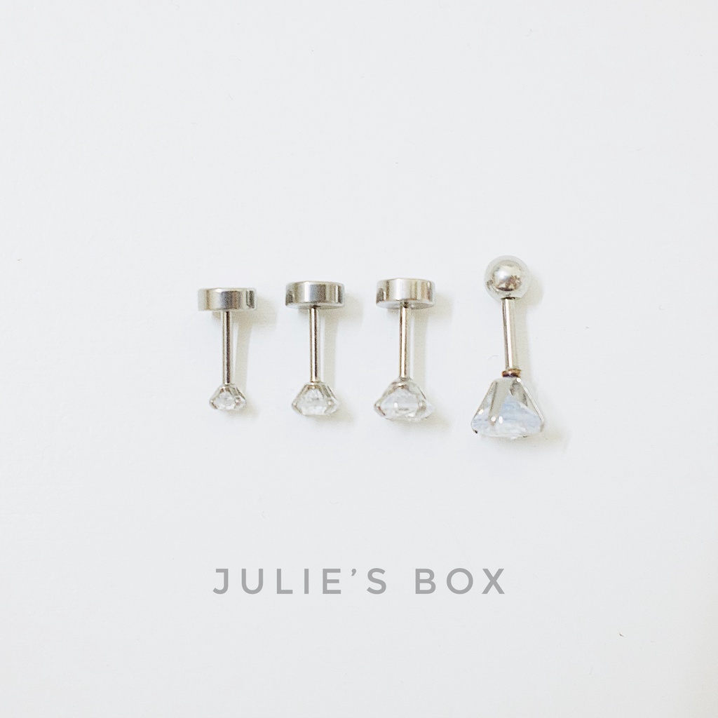 [1 Chiếc] Khuyên Tai Titan Đá Trắng Tròn Zircon Unisex Màu Bạc Đuôi Bi Không Gỉ Sét Không Ngứa Bông Tai Julies Box 66