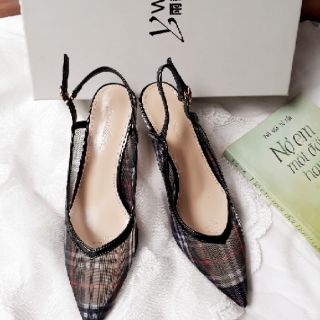 (WS2906 giảm 12% max 25k) Giày cao gót kẻ đính đá viền gót