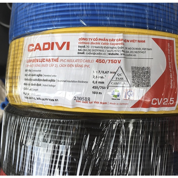 Dây điện đơn dây cáp điện CV Cadivi CV2.5 cuộn 100m