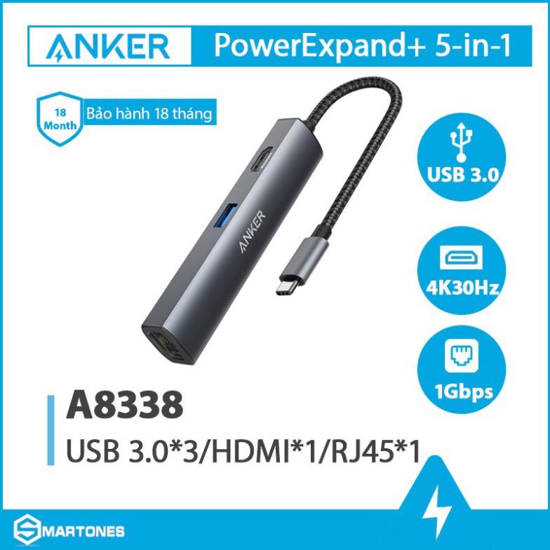 Bộ HUB chuyển đổi Type C Anker PowerExpand+ 5 in 1 A8338 ,HDMI, RJ45 , USB 3.0*3