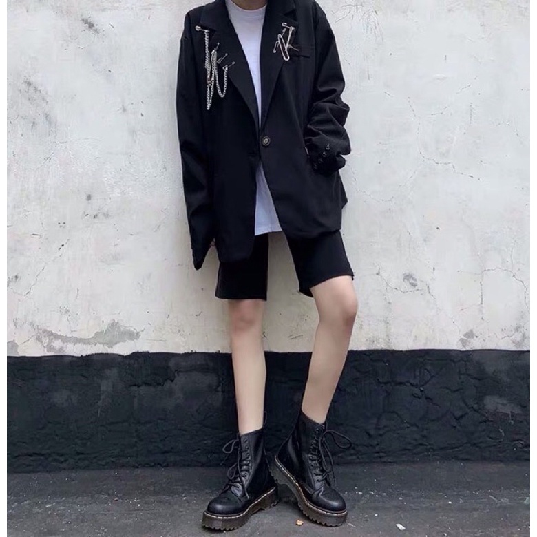 Áo khoác blazer cổ vest đen trơn có túi dáng rộng tặng kèm chuỗi xích Ulzzang unisex hiphop siêu chất ❤️