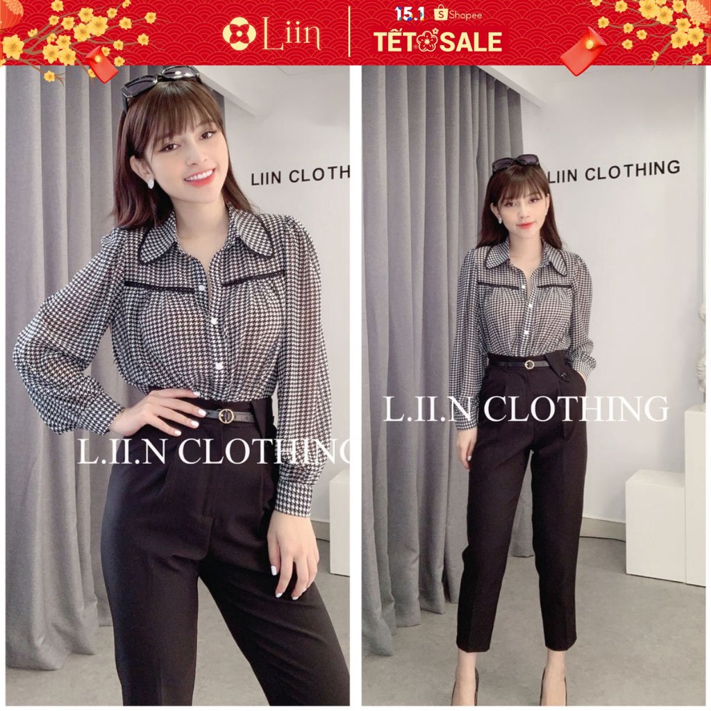 Áo sơ mi Răng Sói Viền Đen cao cấp phối cổ tròn thanh lịch Liin Clothing SM2904