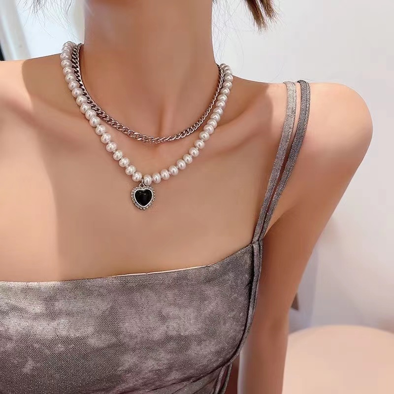 iF YOU Vòng cổ Chuỗi Ngọc Trai Đen Mặt Trái Tim Phong Cách Vintage