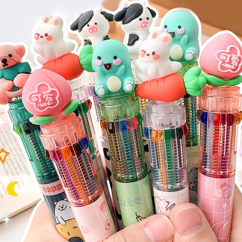 Bút Bi Nhựa 0.5mm 10 Màu Họa Tiết Hoạt Hình Dễ Thương
