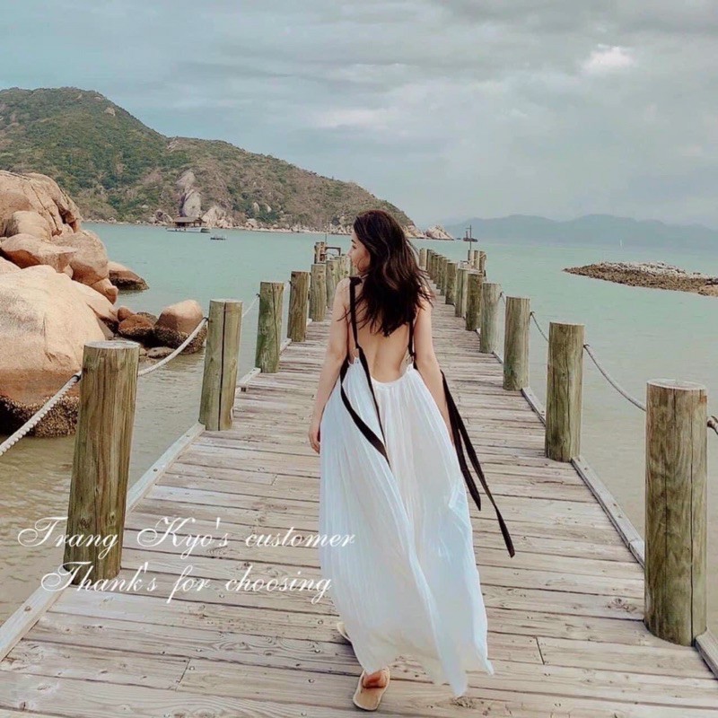Đầm maxi dập ly hở lưng phối dây