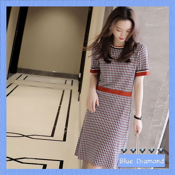 【blue.diamond】Ice Silk Knit Short-Sleeve Dress 2021 New Women's Clothing dresses