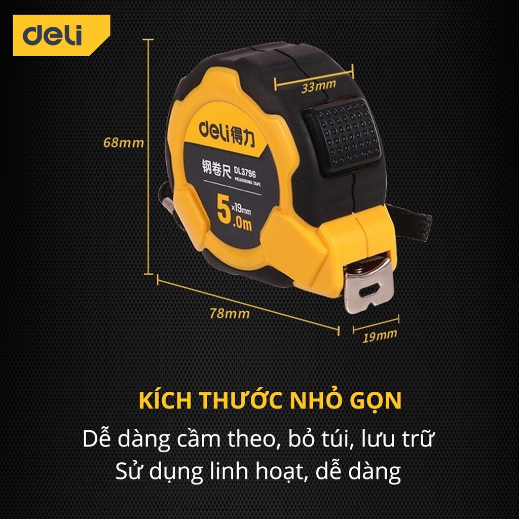 Thước Cuộn Thép Deli Cao Cấp Chính Hãng Đủ Size - Chất Liệu ABS Bọc Cao Su Chắc Chắn Chống Va Đập - DL3796 / EDL9003B