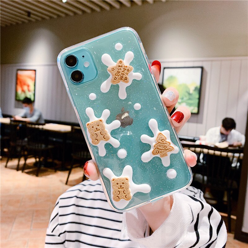 Cute 3D Stereo Milk Cookie Phone Case For OPPO A52/A92 A55 A59 A73/A79/F5 A11/A5 2020 A9 2020/A11X F11/A9/A9X A8/A31 F9/F9PRO/A7X A5/A3S/A12E A92S/RENO4Z A91/F15 A93 5G A72 5G/A53 5G A31/A53 2020 RENO5PRO RENO5/RENO5X Capa Soft Glitter Clear Cover Shell