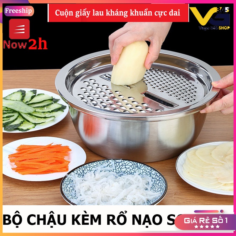 [LOẠI DÀY DẶN 3 CHI TIẾT] Bộ bào nạo rau củ kiêm rổ và chậu Inox Cao cấp đa năng