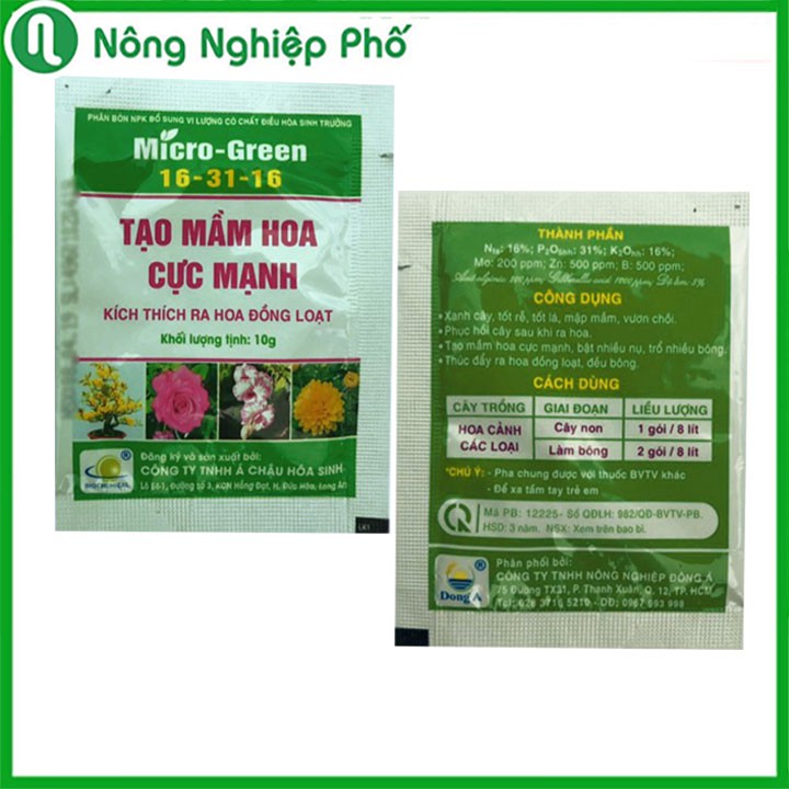 Phân Bón Đa Vi Lượng Micro Green 16-31-16 Giúp Tạo Mầm Hoa Cực Mạnh, Thúc Đẩy Ra Hoa Đồng Loạt Gói 10 Gram