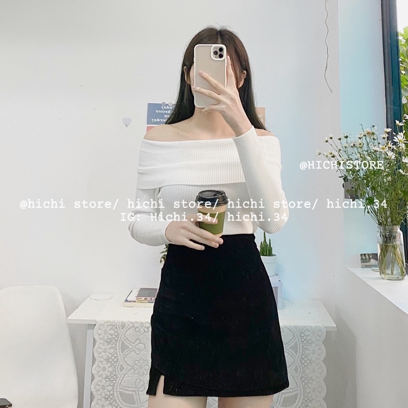 chân váy cạp lệch nhung và áo len trễ vai ảnh thật video hichi | BigBuy360 - bigbuy360.vn