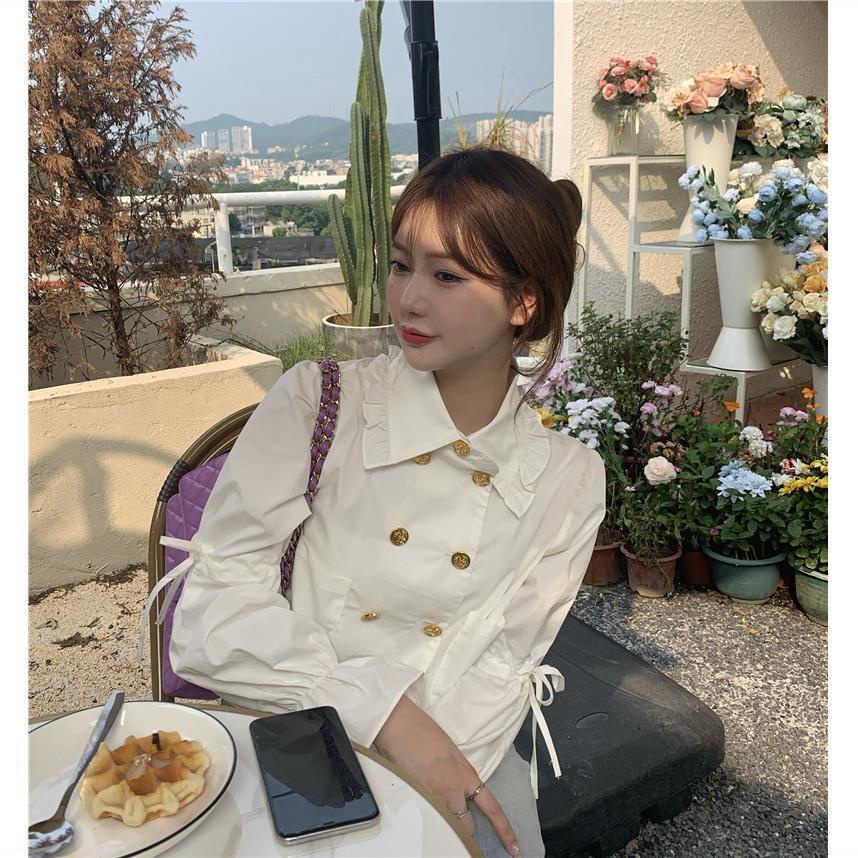 Áo Sơ Mi Tay Chuông Thiết Kế Hai Hàng Nút Cài Phối Ren Dễ Thương Cho Nữ