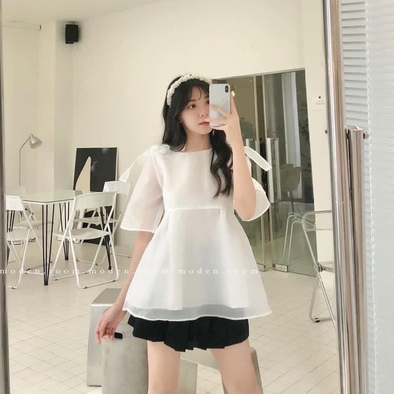 Áo Babydoll Trắng Phối Nơ Vai JOLIE Nữ  🌸 Thun kiểu bánh bèo tiểu thư mặc đi biển hàn quốc đẹp Ulzzang 🌸
