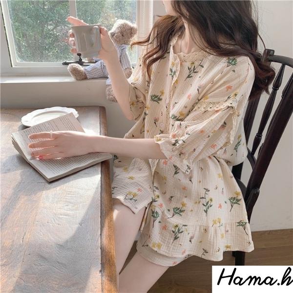 Bộ ngủ nữ pyjama vintage tay ngắn phồng in họa tiêt đáng yêu vải xốp nhẹ mềm mát-BNN09