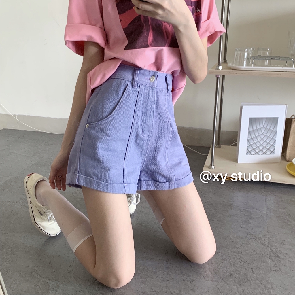 Quần Short Denim Lưng Cao Ống Rộng Màu Sắc Ngọt Ngào Kiểu Dáng Đơn Giản Trẻ Trung | BigBuy360 - bigbuy360.vn