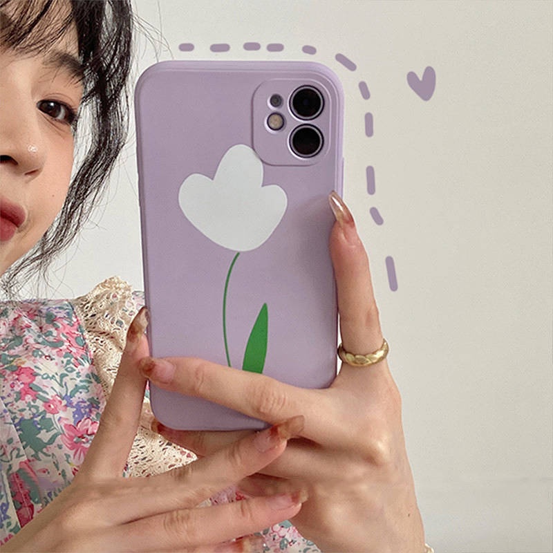 Ốp Điện Thoại Mềm Họa Tiết Hoa Tulip Màu Tím Đơn Giản Kiểu Hàn Quốc Cho Iphone Xs 11 12 Pro Max 8 Plus 7