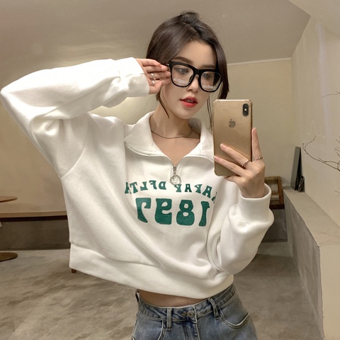 Áo Khoác Nữ Cổ Polo Có Dây Kéo In Chữ Mùa Thu Mới