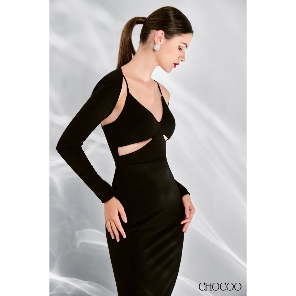 Đầm body dài tay CHOCOO Lillia Bodycon Dress thiết kế vải thun sọc Hàn Quốc cao cấp hở lưng màu đen