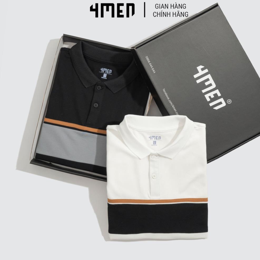 Áo thun polo nam có cổ đẹp 4MEN PO044 cổ trụ bẻ, vải cá sấu cotton cao cấp, phối màu kẻ ngang, chính hãng hàng hiệu ! .
