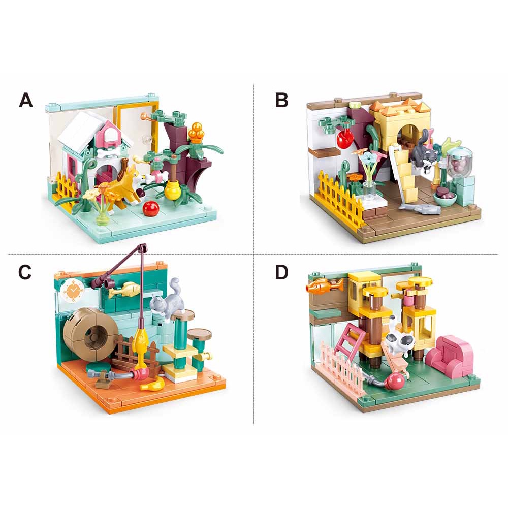 SLUBAN Bộ 4 Món Đồ Chơi Lắp Ráp Ngôi Nhà Mini 4 Trong 1 B0919 Cho Mèo Garfield