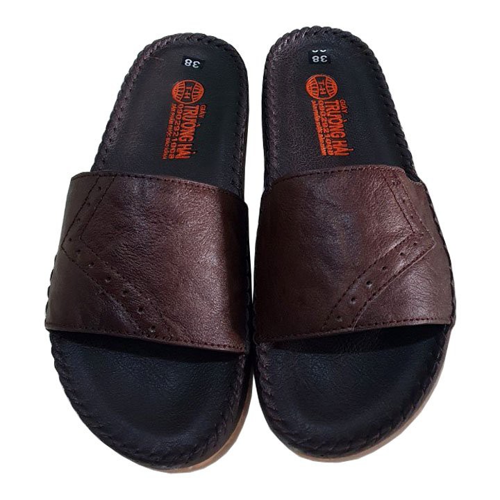 Dép nam quai ngang da bò màu nâu đế cao 3cm Trường Hải may viền chắc chắn DDN134