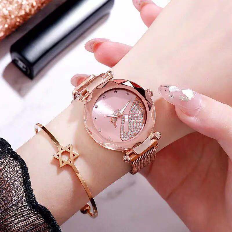 Đồng hồ thạch anh dây thép không gỉ mặt thiên nga đính đá cho nữ