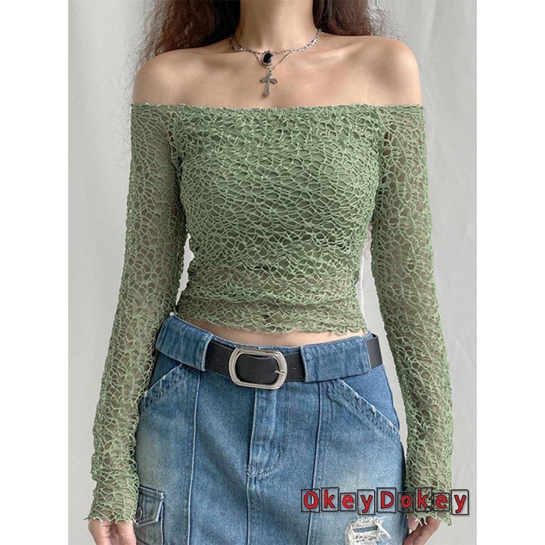 Áo Croptop Trễ Vai Thiết Kế Xuyên Thấu Phong Cách Harajuku Cổ Điển Quyến Rũ Cho Nữ Y2K