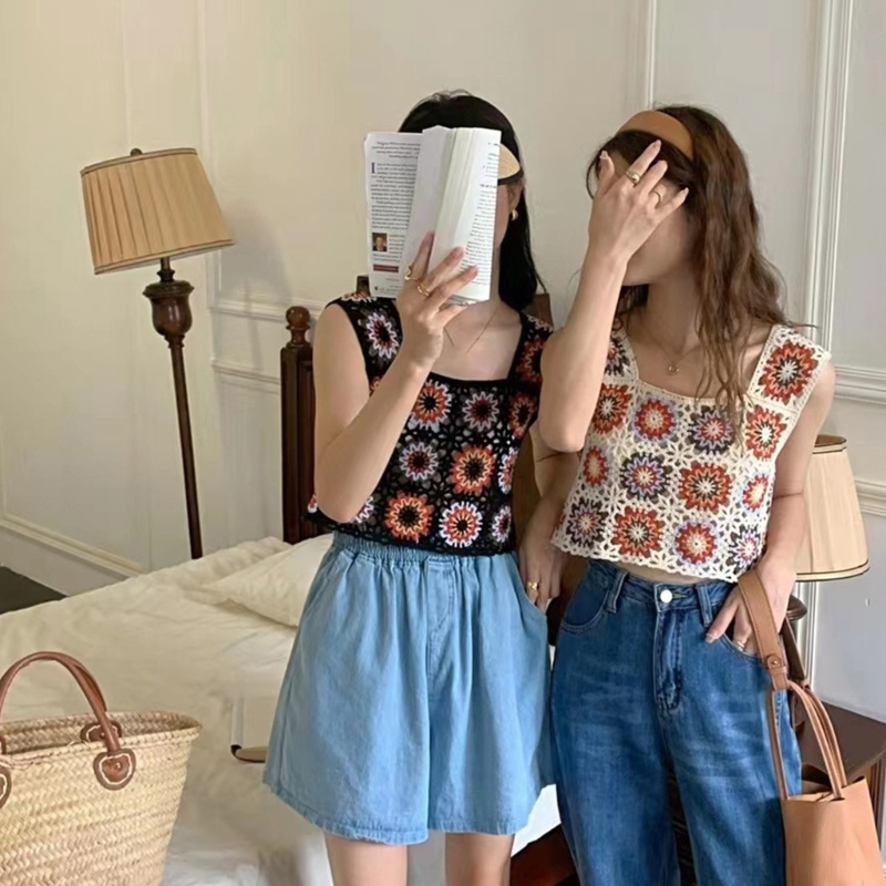 Áo Croptop Dệt Kim Không Tay Họa Tiết Hình Học Cá Tính Cho Nữ