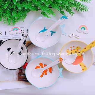 Bát sứ kèm thìa hình gấu trúc, cá, hươu cho bé ăn dặm