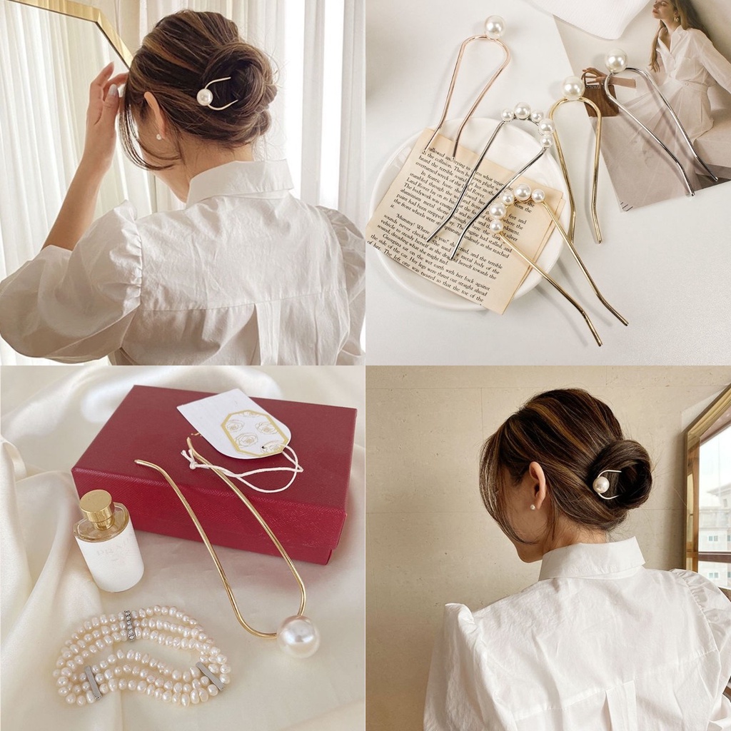 Kẹp tóc cố định hình chữ U bằng kim loại đính ngọc trai nhân tạo phong cách Baroque