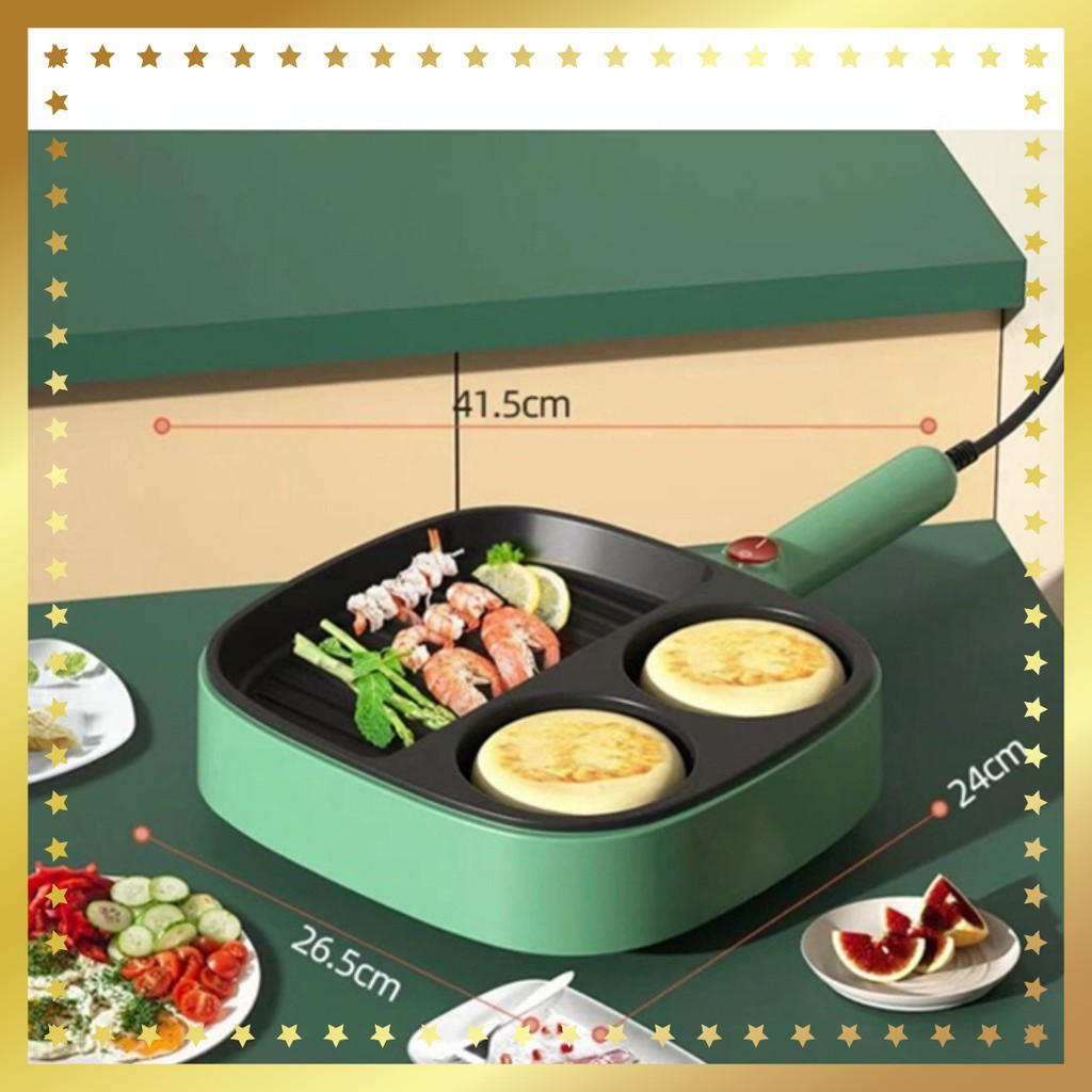 Chảo Điện 3 ngăn chống dính, Chảo Đá 3 Ngăn Cắm Điện Cao Cấp. Chiên trứng, Nướng bánh, Xào nấu thức ăn đa năng