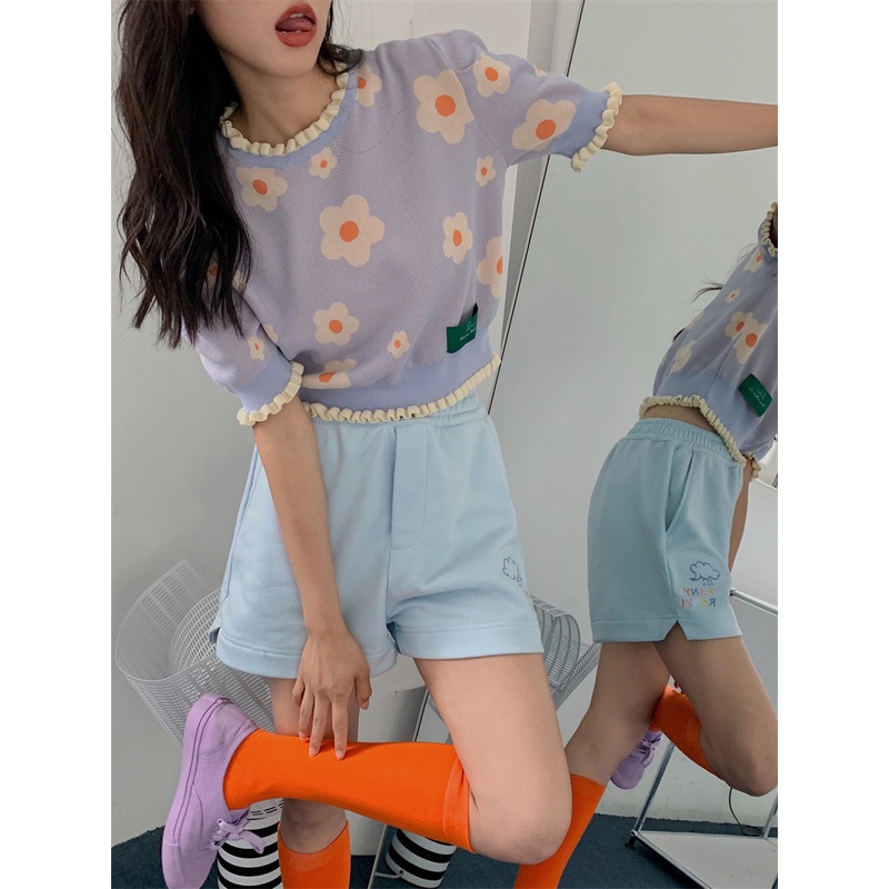 Xiaozhainv Áo Croptop Dệt Kim Ngắn Tay In Hoa Độc Đáo Thời Trang Mùa Hè Cho Nữ