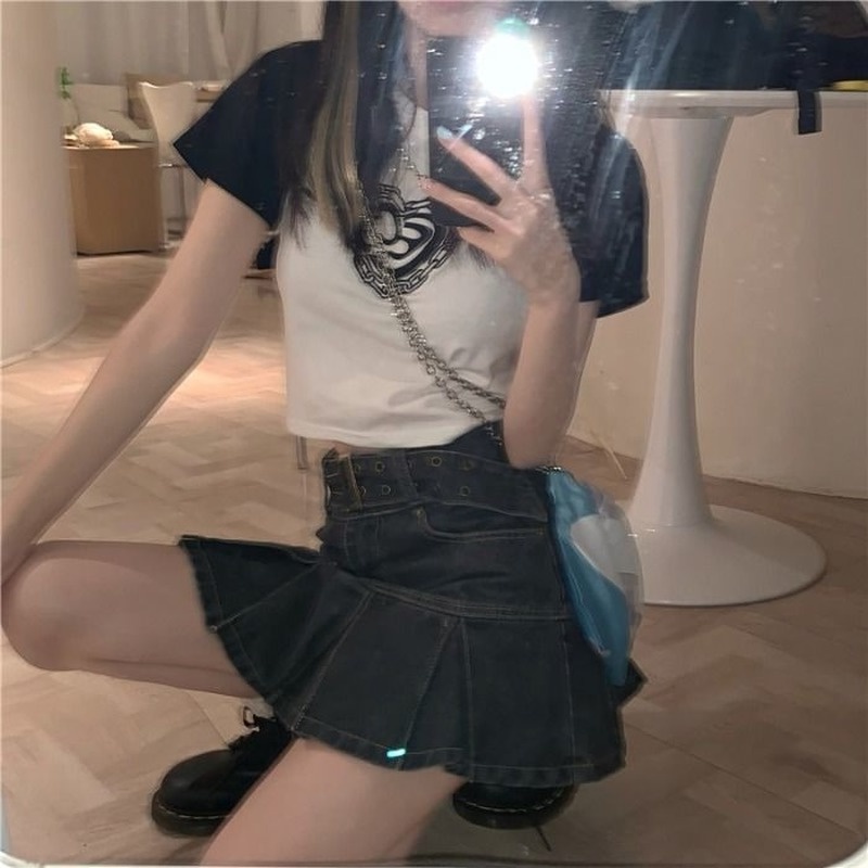 Chân váy jean Xếp Ly Lưng Cao Thêu Hình Bướm Thời Trang Mùa Hè Dành Cho Nữ