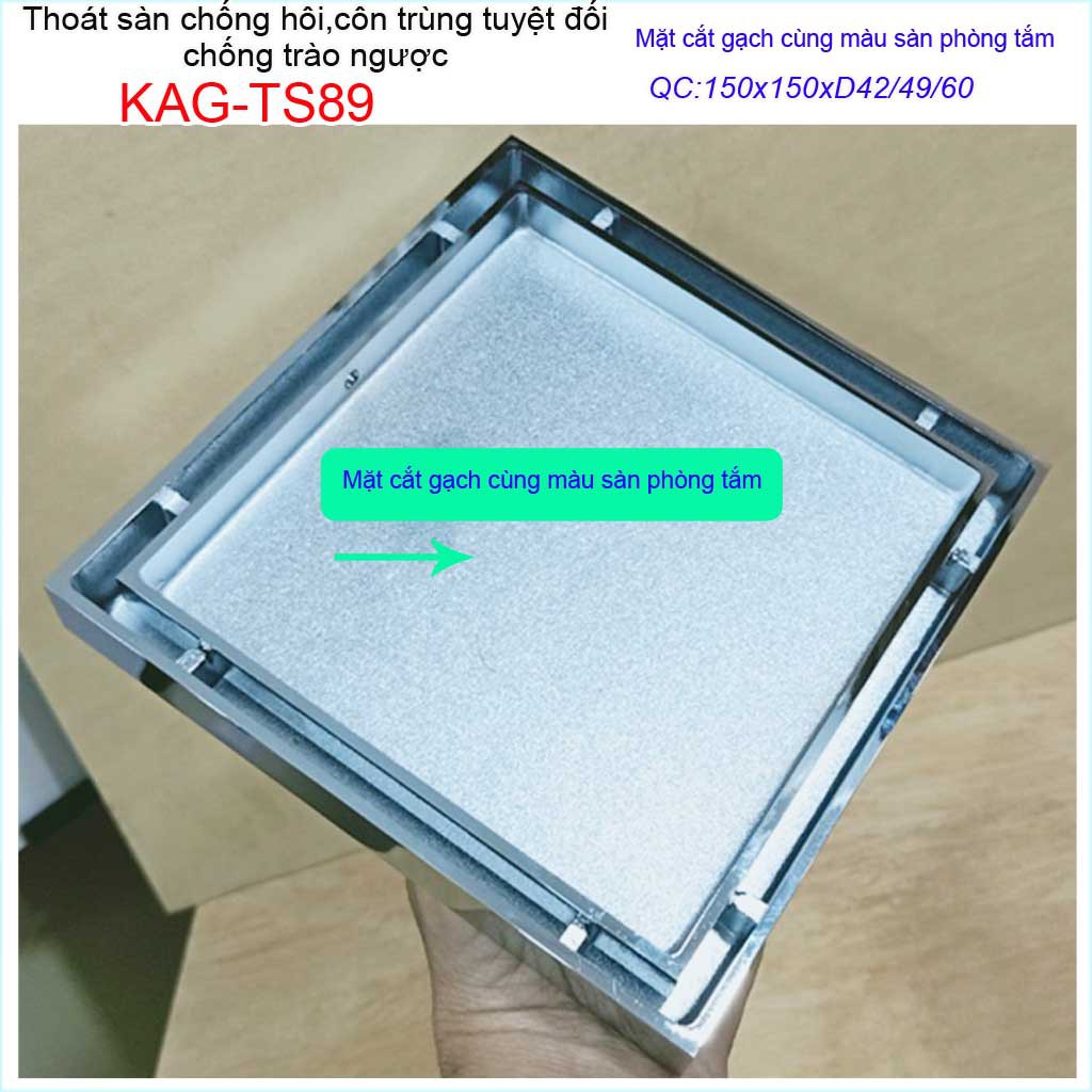 Thoát sàn mặt cắt gạch 15x15cm, thoát sàn âm KAG-TS89, phễu thoát sàn chống hôi chống côn trùng Inox Roca