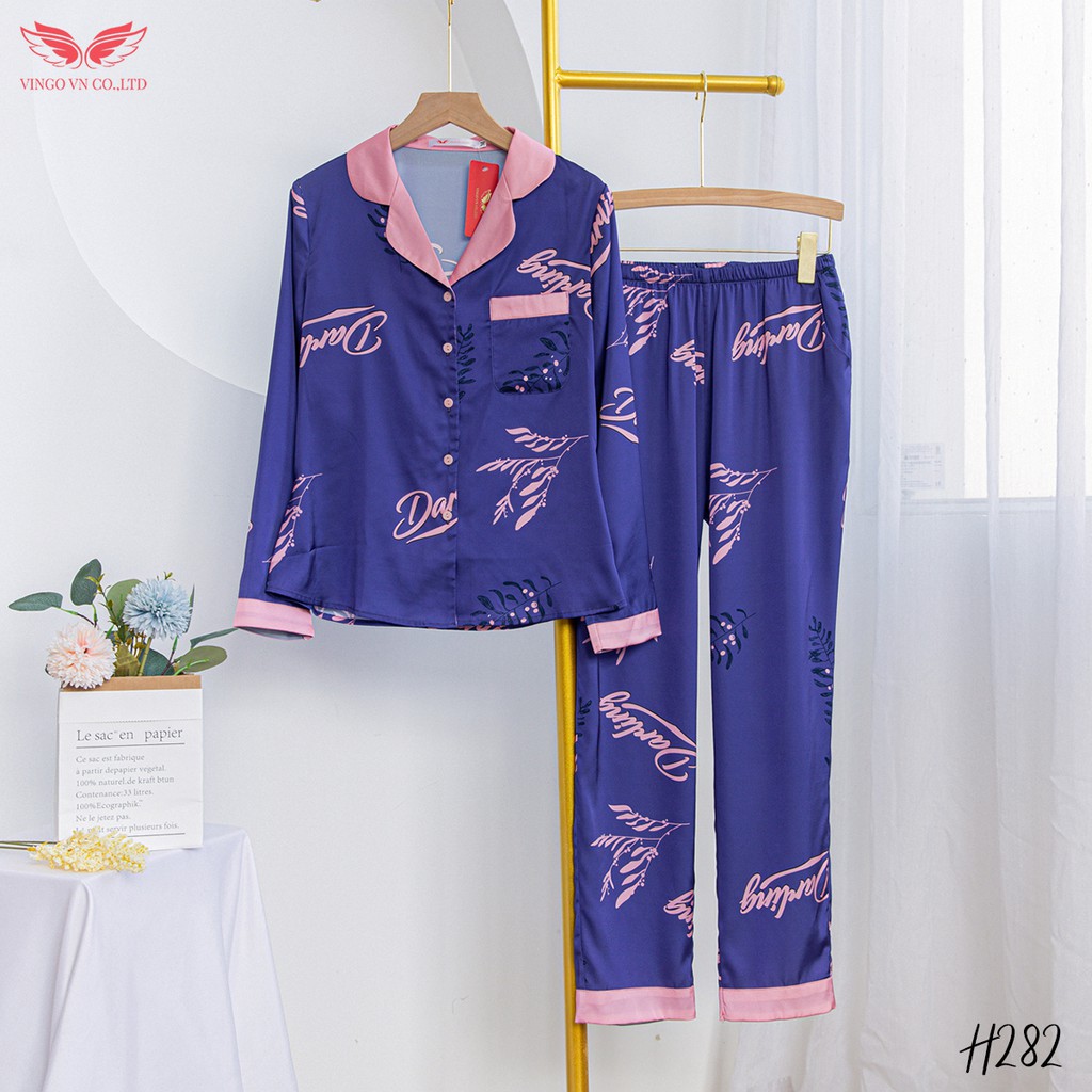 VINGO Bộ Pijama mặc nhà nữ tay dài quần dài Lụa Pháp cao cấp họa tiết cành lá phối chữ Darling hồng màu tím đậm H282 VNG